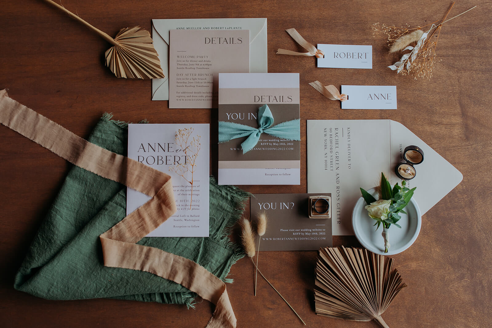 Green, white, and beige wedding stationary
