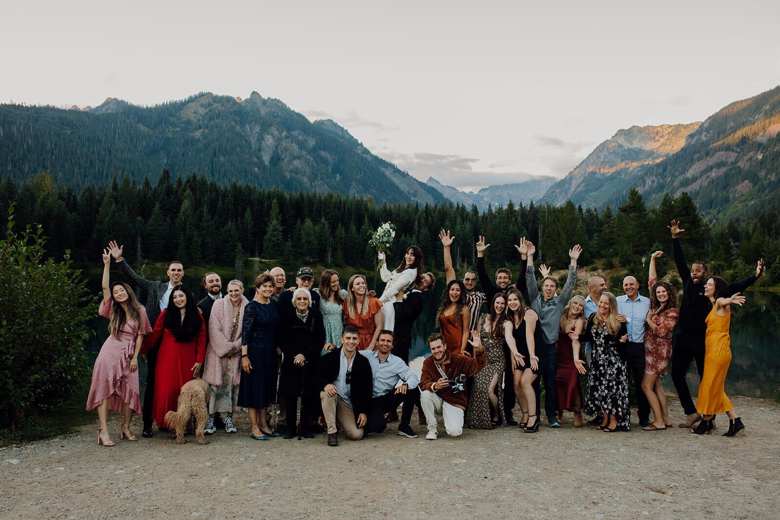 Friends and family cheer after Gold Creek Pond elopement