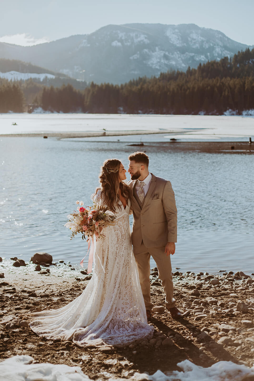 bride and groom couple portraits at Lake Easton
