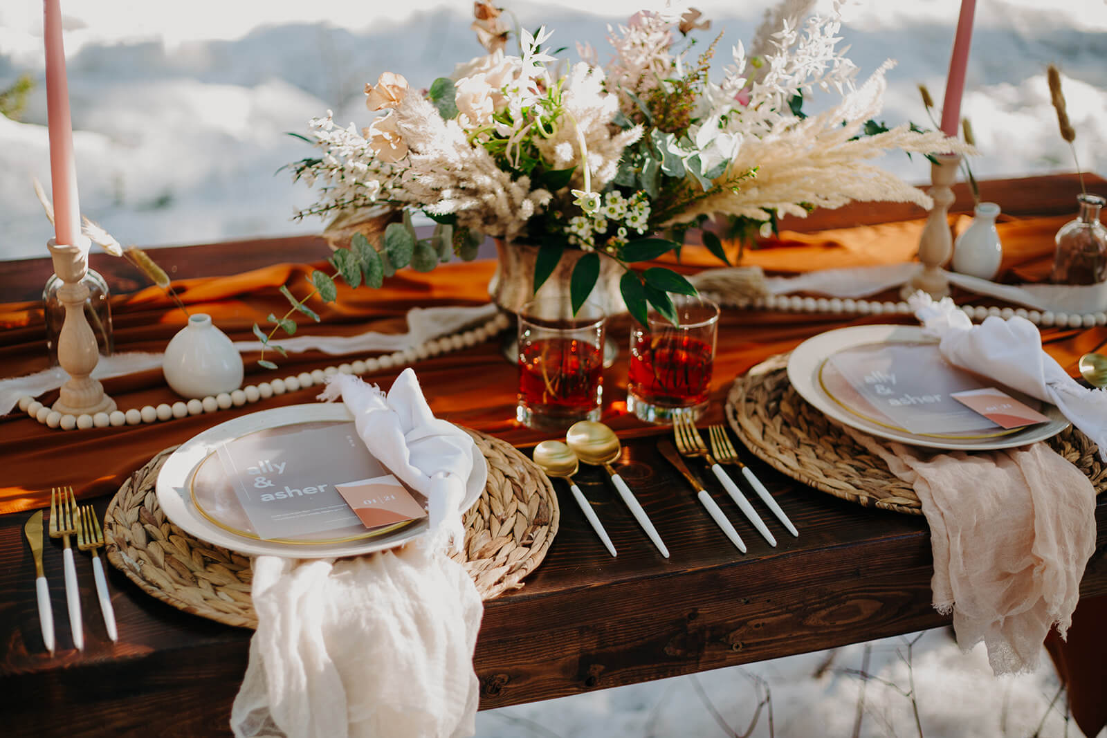 boho winter elopement table setting