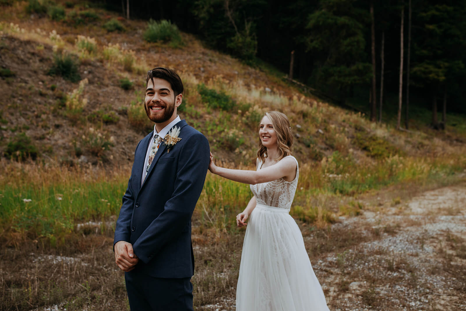 Bride and groom first look at ski resort wedding
