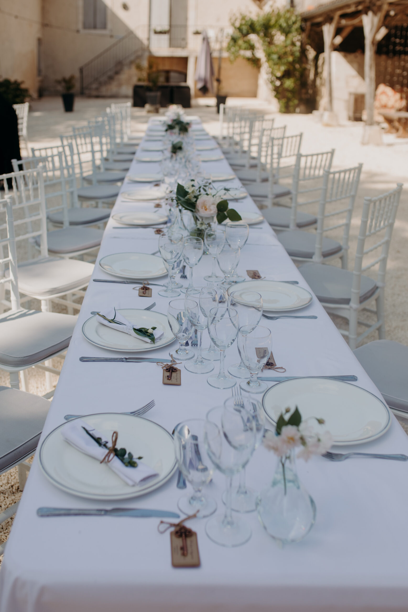 A long table is set up with plates and cutlery with multiple rose centerpieces