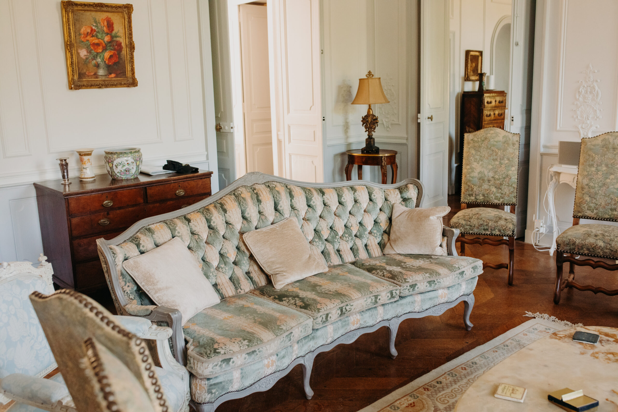 Interior view of sofa in french chateau 