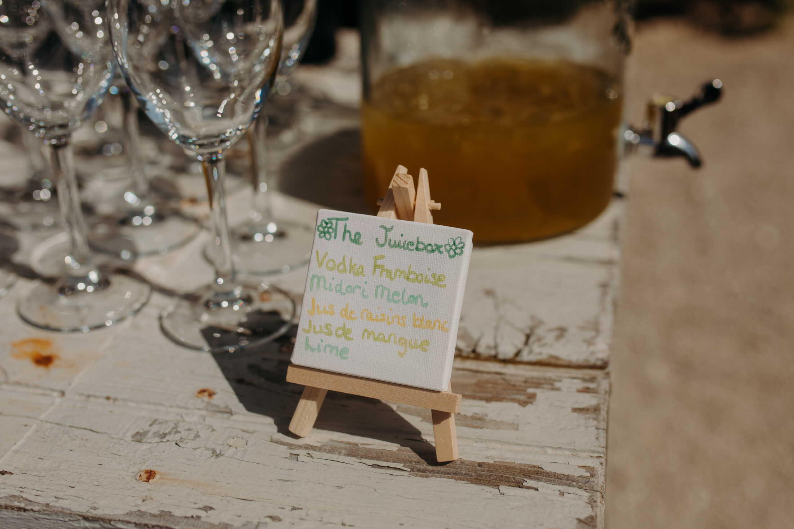 small mini easel displays names of signature cocktails 