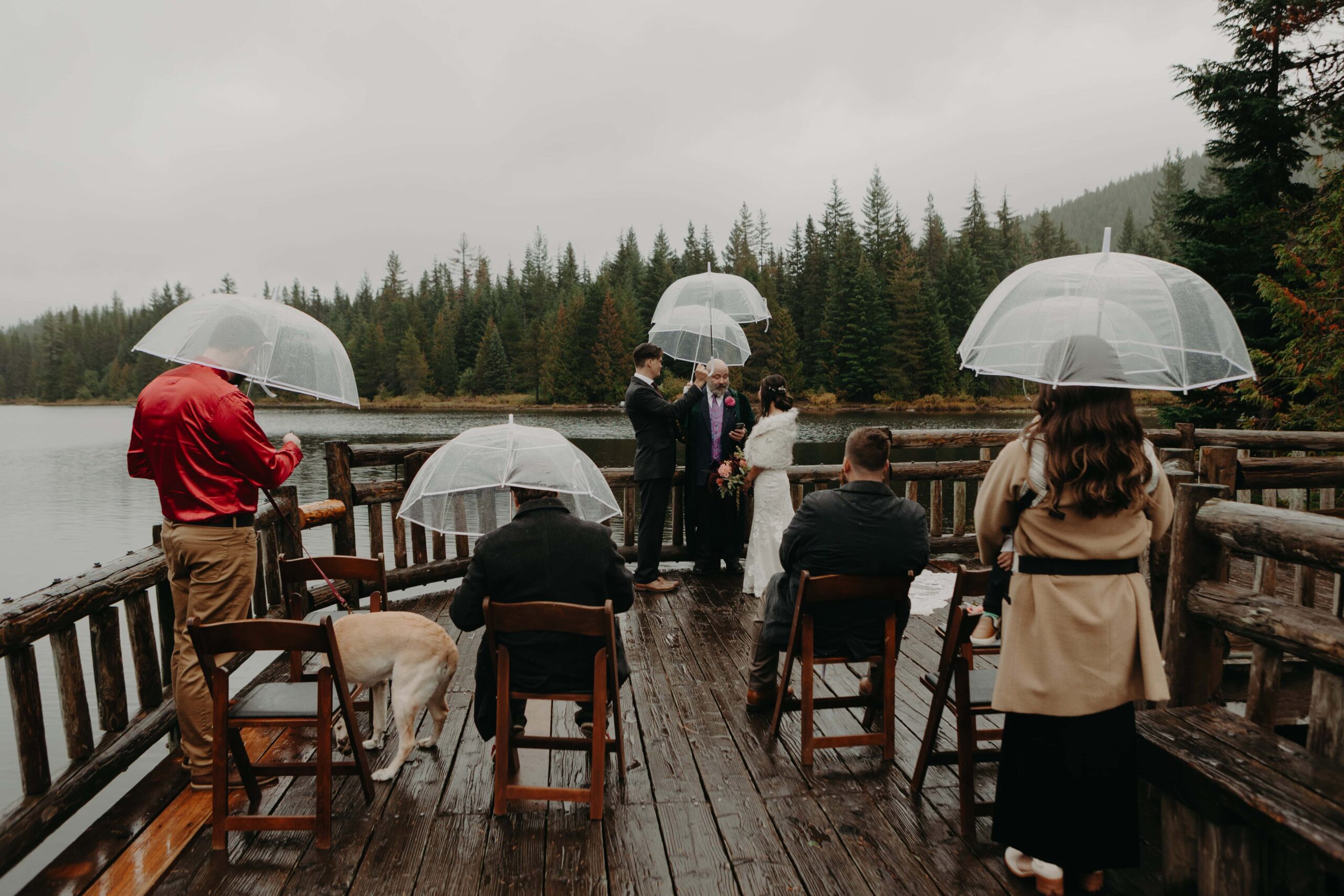 a group of guests with clear umbrellas gather around on a dock to witness a wedding ceremony at Trillium Lake
