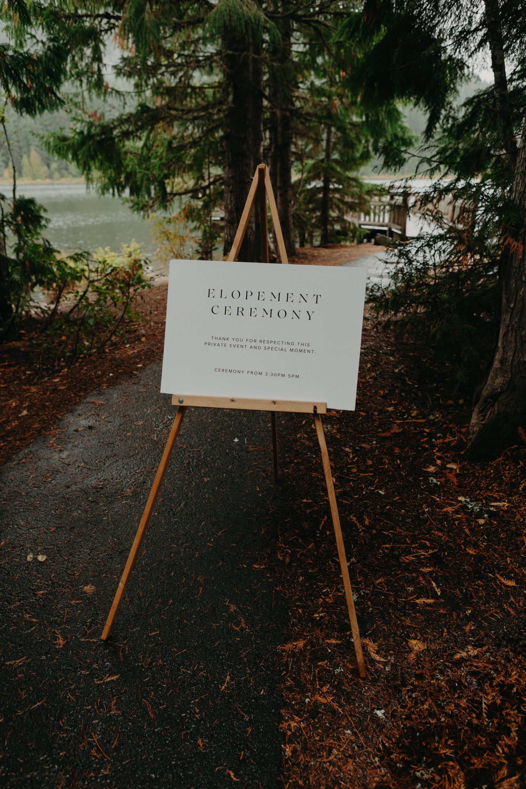 elopement sign at entrance to trillium lake pier